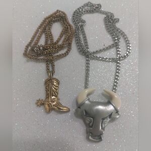 Avon Vintage 1970s Western Style Necklaces, Lot of 2, Boot & Bull, Unisex Style